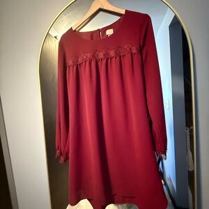 Elegant Burgundy Lace Sleeve Shift Dress